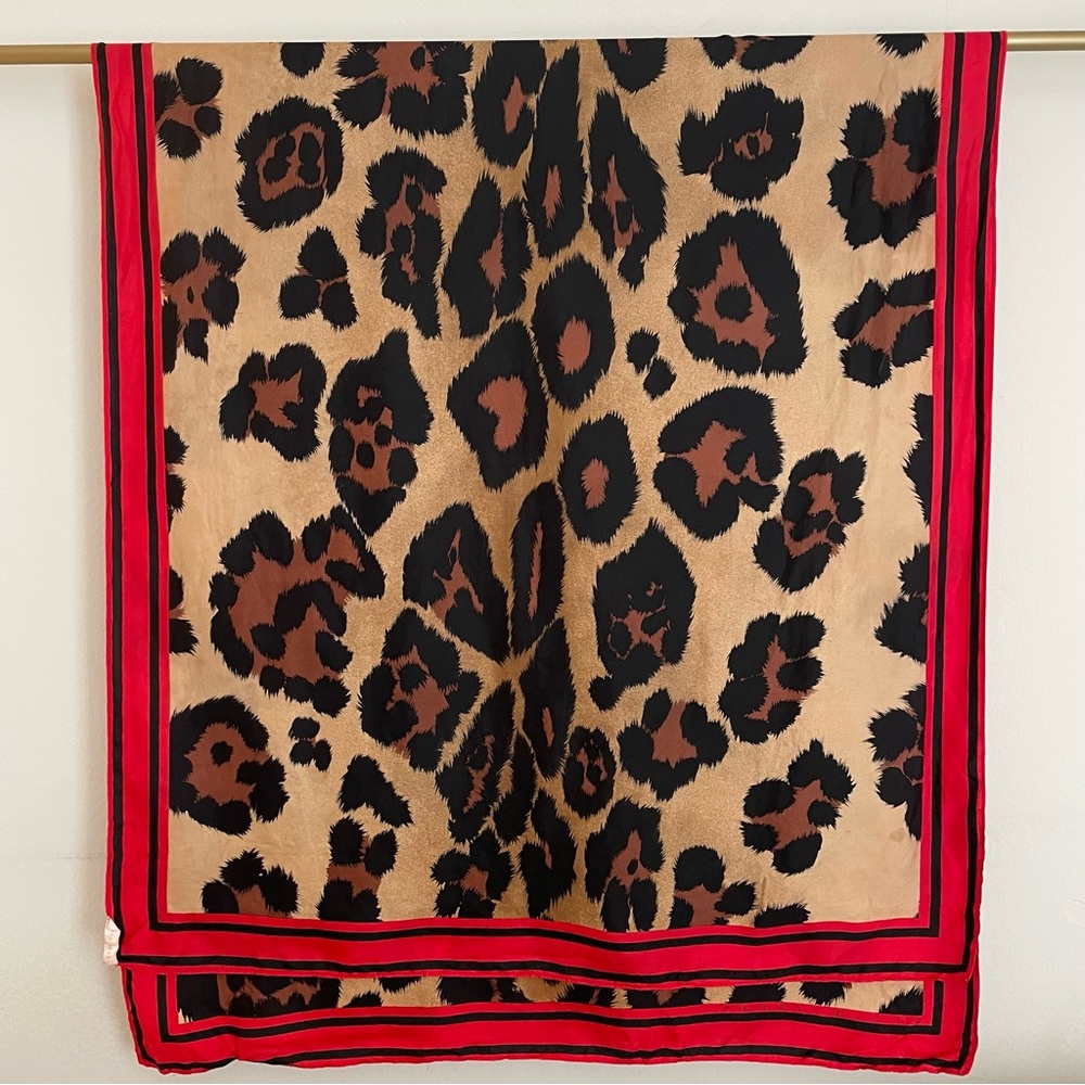 Large Perry Ellis Silk Scarf Wrap Shawl Animal Print Tan‎ Black Red Bordered